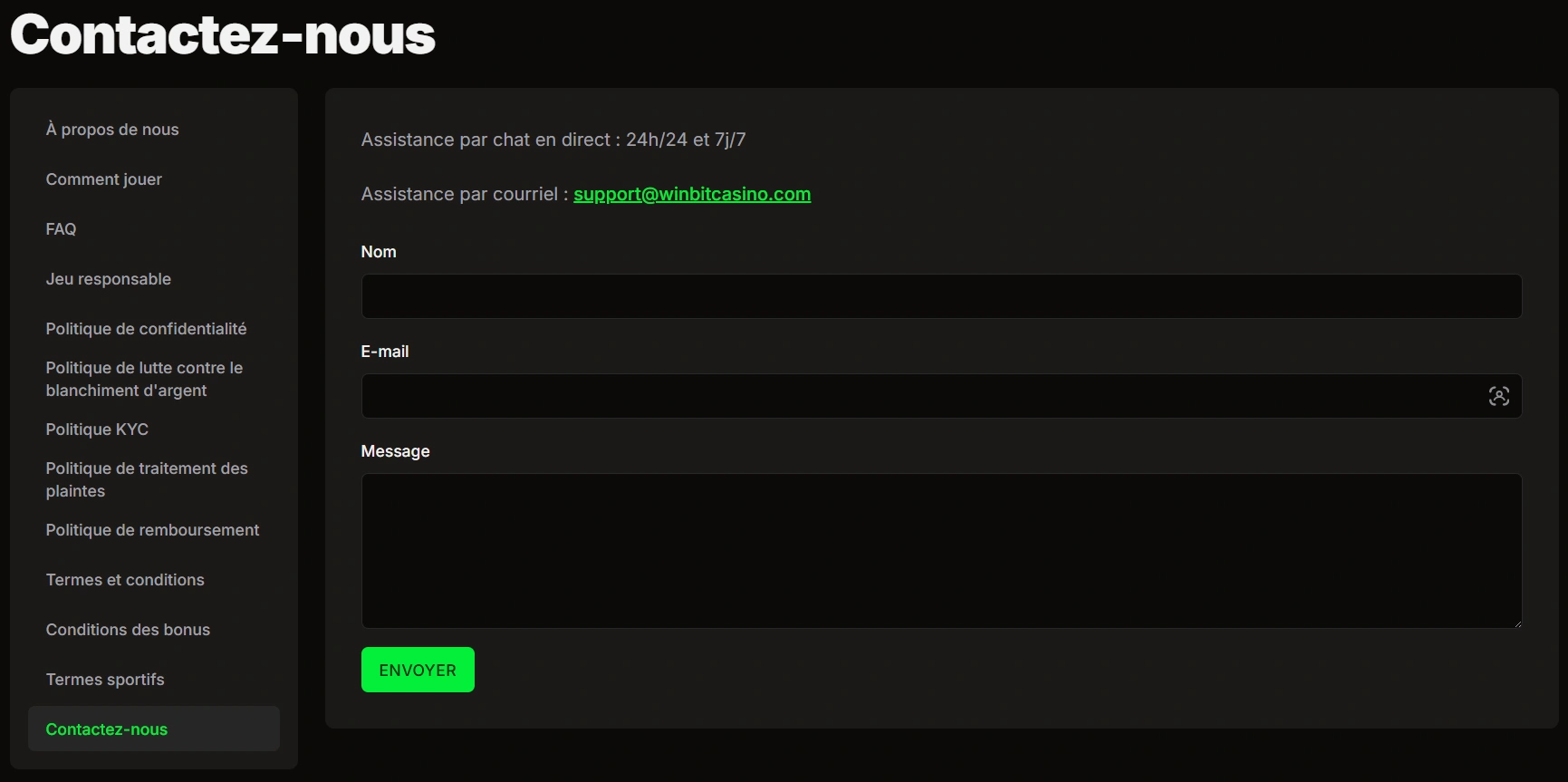 Service Client de WinBit Casino