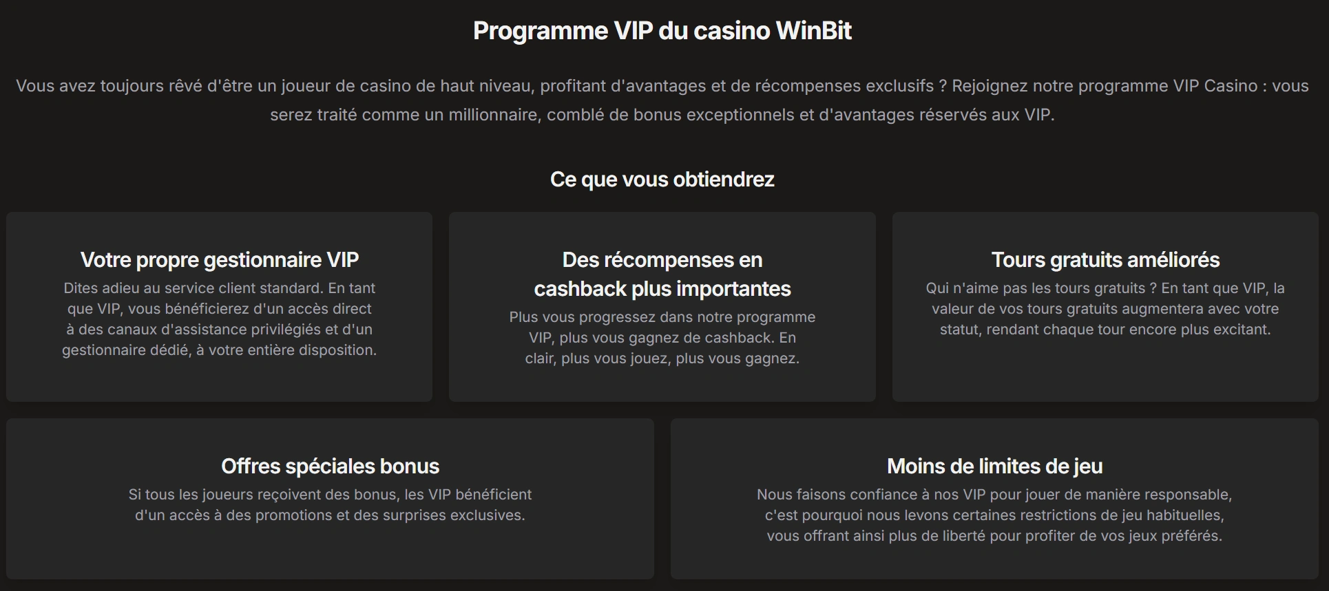 Statut VIP chez WinBit Casino
